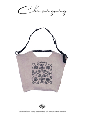 CHU楚妞[提花]亚麻刺绣手提袋春季新款女可折叠手提单肩包