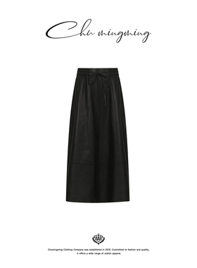 CHU楚妞[墨皮]绵羊皮系带中长款半身裙2026春季新款女小黑裙子