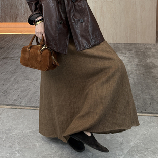 新款 CHU楚妞 A字大摆半身裙2026春季 棉麻精纺长款 女挺括裙子 棕麻