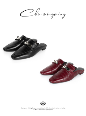 CHU楚妞鳗鱼纹头层小牛皮鞋春季新款女士法式平底一脚蹬穆勒拖鞋