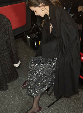 CHU楚妞重工亮片A字半裙秋冬季新款女晚会派对中长款开叉裙子