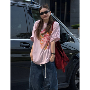 新款 CHU楚妞 T恤2026春夏季 40支精纺棉插画印花短袖 女上衣 彩甜