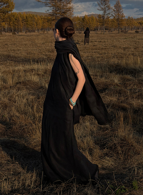 CHU楚妞[光萤]]亚麻长款背心连衣裙2026春季新款女高级感小黑裙子