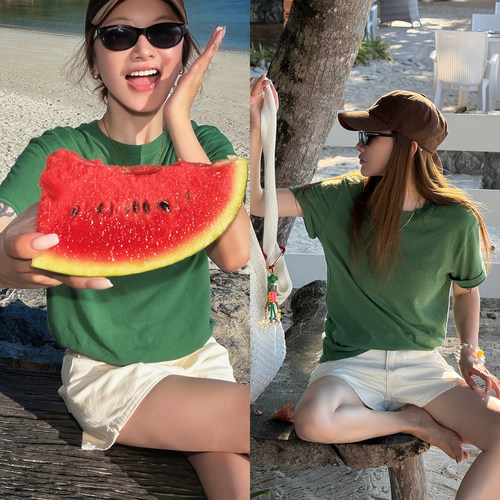 CHU楚妞[青禾]纯棉素色短袖T恤上衣YY2612209