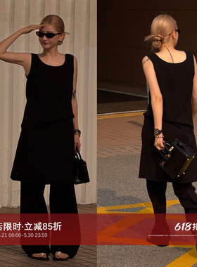 CHU楚妞【纸片人】黑色简约醋酸套装女2026新款夏季设计感两件套