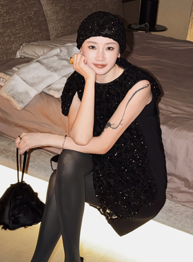 CHU楚妞[星墨]网纱亮片背心连衣裙2026春季新款女高级感小黑裙子