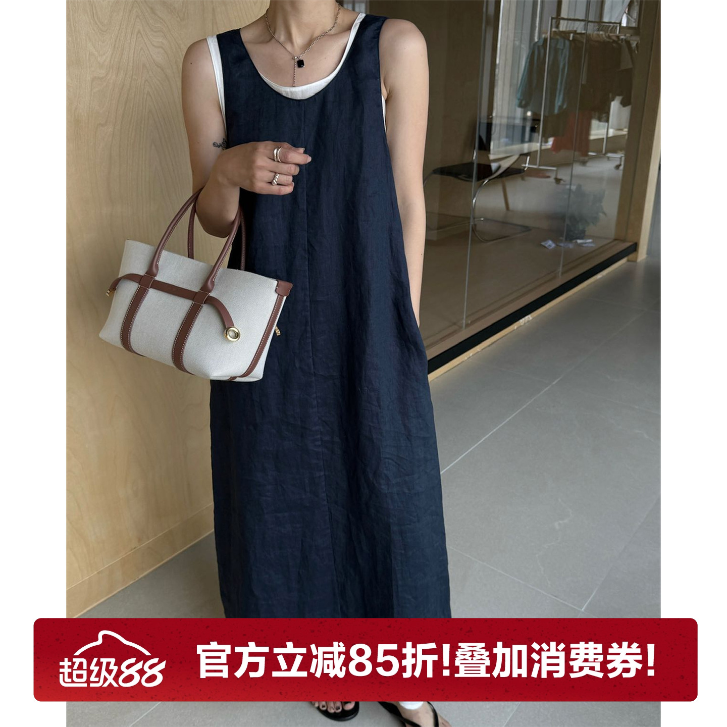 CHU楚妞[雅宁]亚麻无袖连衣裙2025夏季新款女宽松显瘦背心裙子