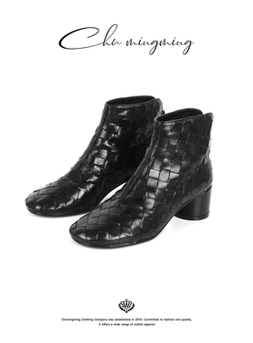 CHU楚妞植鞣羊皮编织圆头靴子2025秋冬季新款女短筒高跟马丁靴