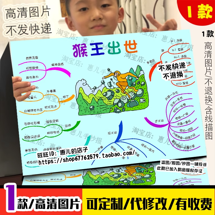 猴王出世思维导图手抄报五年级语文下册七课孙悟空西游记电子小报,商务/设计服务,卡通/动漫/插画设计,淘宝优惠券,粉丝福利购,淘宝优惠卷