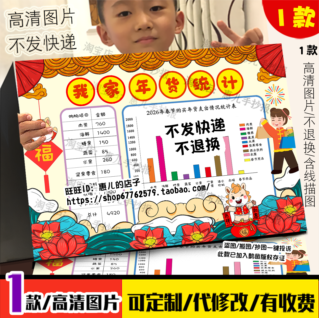 我家年货统计手抄报2026春节年货清单表格条形统计图电子小报线稿