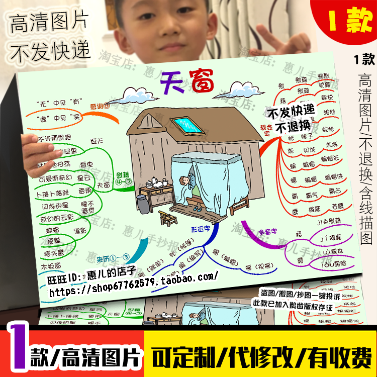 天窗思维导图四年级语文下册第三课知识总结电子版小报线稿涂色