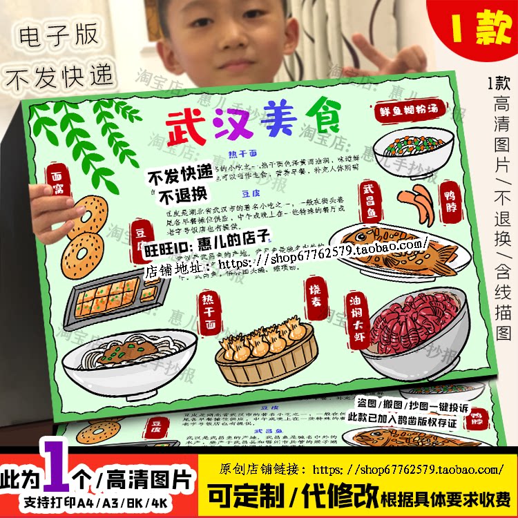 家乡美食手抄报武汉美食杂酱面牛肉面热干面武昌鱼鸭脖电子版小报