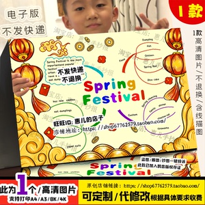 英语英文春节新年思维导图传统节日春节习俗2024龙年电子小报线稿