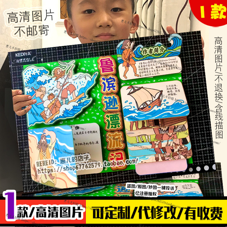 鲁滨逊漂流记立体手抄报六年级必读好书推荐创意手工剪贴画小报