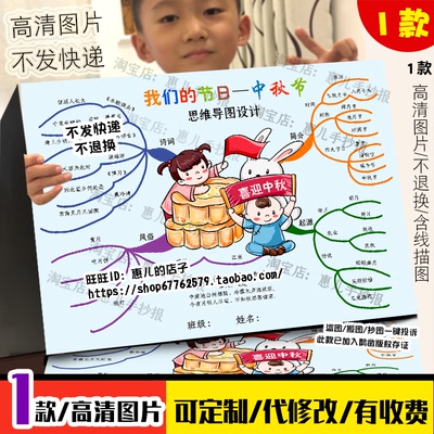 中秋节思维导图手抄报电子模板 小学生欢度中秋传统习俗线稿a3a4