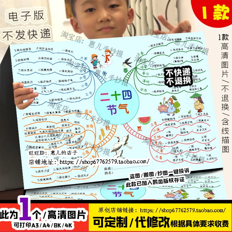 二十四节气手抄报思维导图小报24二十四节气72候物候手抄报线描