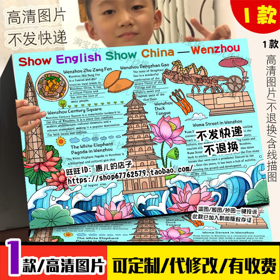 温州英语手抄报初中暑假旅行参观城市印象研学实践电子版小报线稿