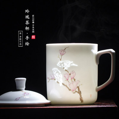 手绘玲珑办公杯景德镇白瓷粉彩茶杯陶瓷家用带盖大号水杯泡茶杯子