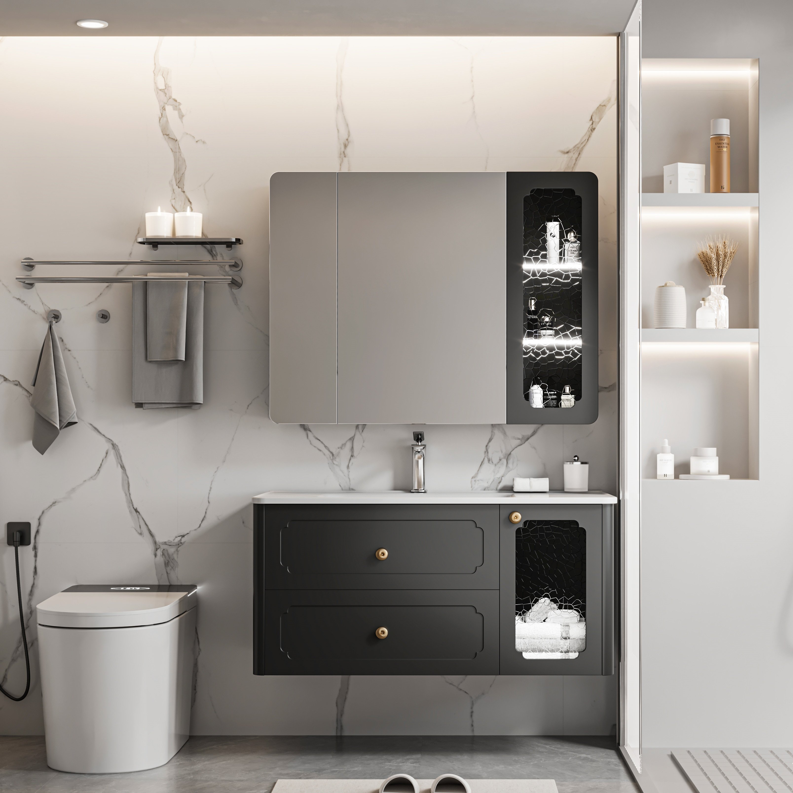 简约法式黑色浴室柜组合智能实木卫浴洗漱台壁挂陶瓷一体盆定制