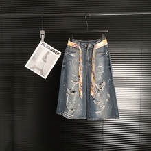 高街做旧破洞七分牛仔裤女夏季新款高腰宽松显瘦阔腿裤配腰带9723