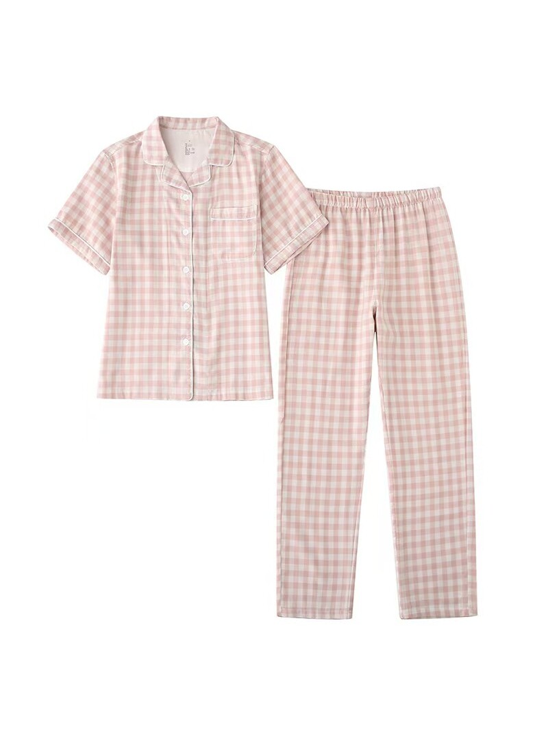 睡衣女双层纱布纯棉短袖裤春夏薄款男女同款情侣格子家居服套装
