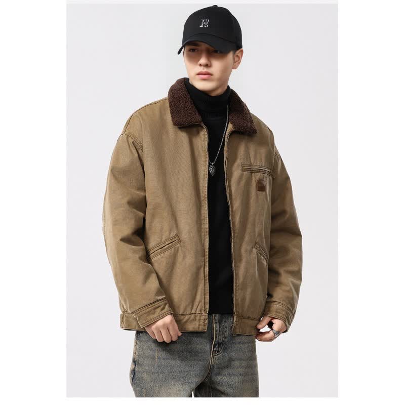 美式休闲加厚工装棉衣男宽松羊羔绒保暖底特律夹克外套