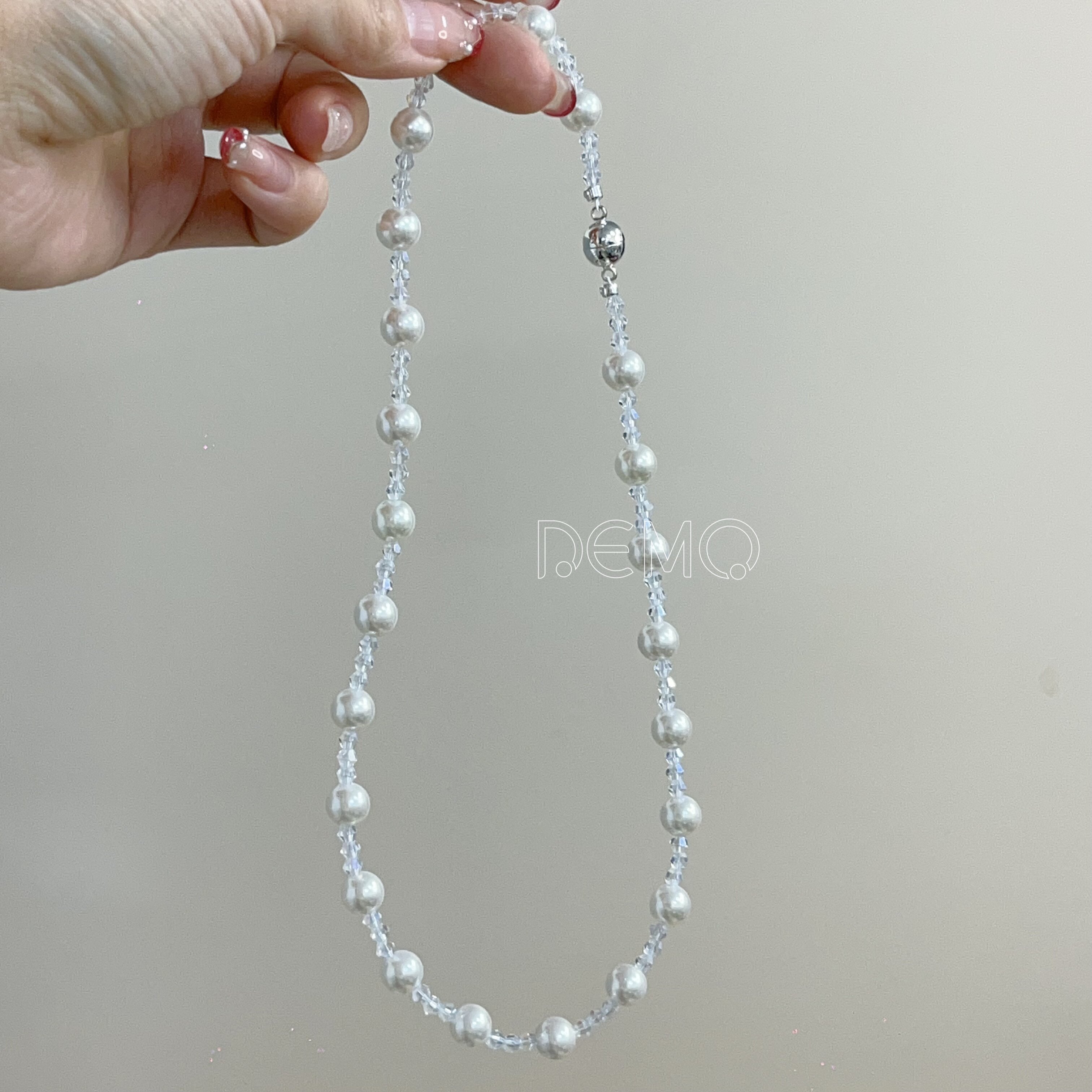 新品冷淡风施家珍珠切面水晶交错满天星巨闪巨显白纯银搭扣项链图片