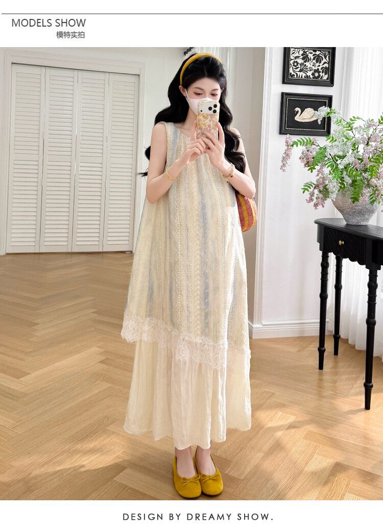 孕妇连衣裙夏季高级感蕾丝拼接雪纺圆领无袖假两件长裙孕期显瘦裙