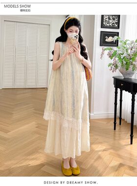 孕妇连衣裙夏季高级感蕾丝拼接雪纺圆领无袖假两件长裙孕期显瘦裙
