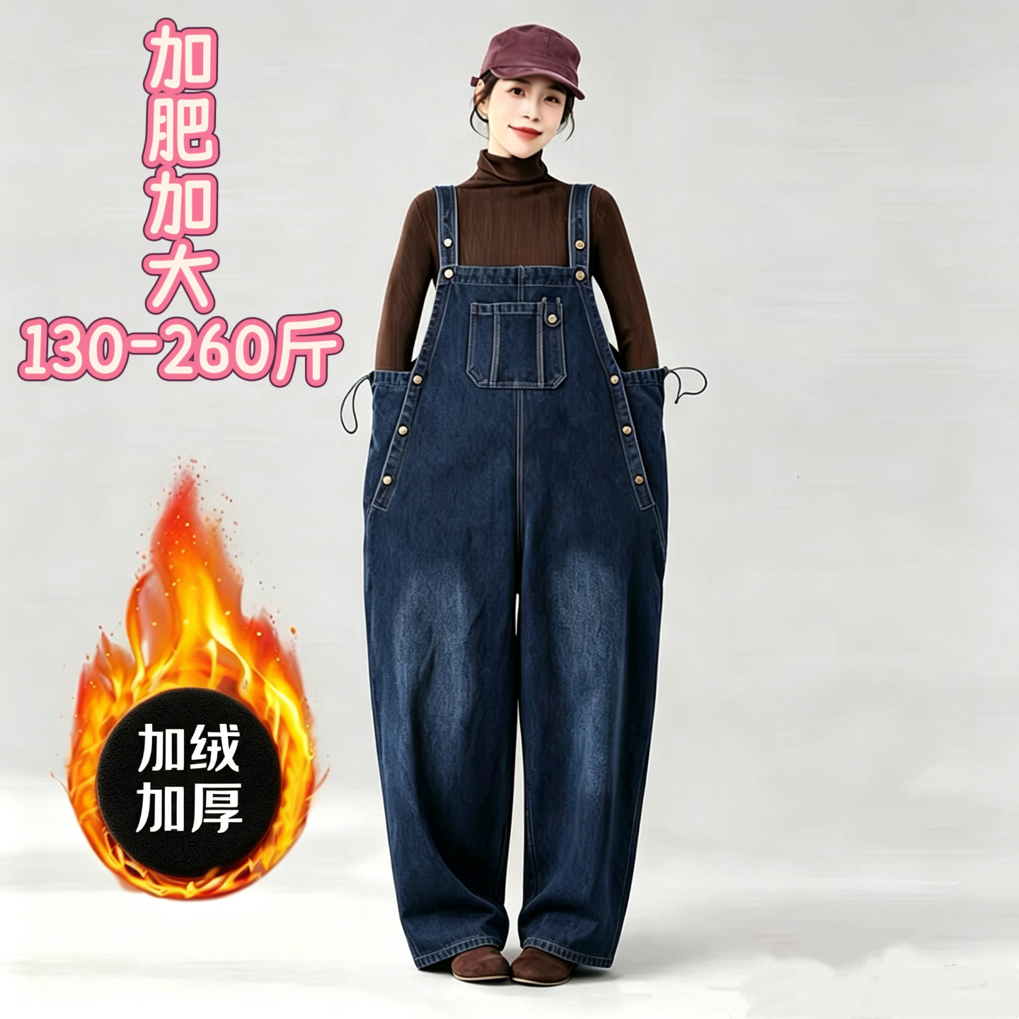 加肥加大码孕妇背带裤冬装加绒加厚宽松牛仔阔腿裤女200斤300胖mm