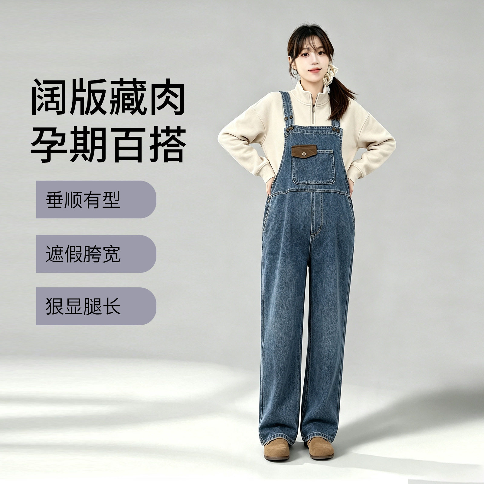 孕妇牛仔背带裤秋款大码宽松阔腿不勒肚子孕晚期可调节孕妇裤子