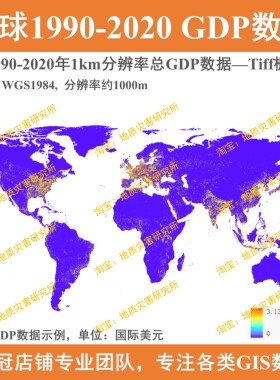全球1990-2020年1km分辨率GDP数据国内生产总值TIFF栅格数据集gis