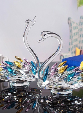 高档水晶彩色天鹅家居客厅摆件透明大天鹅送新人结婚礼物礼盒包装