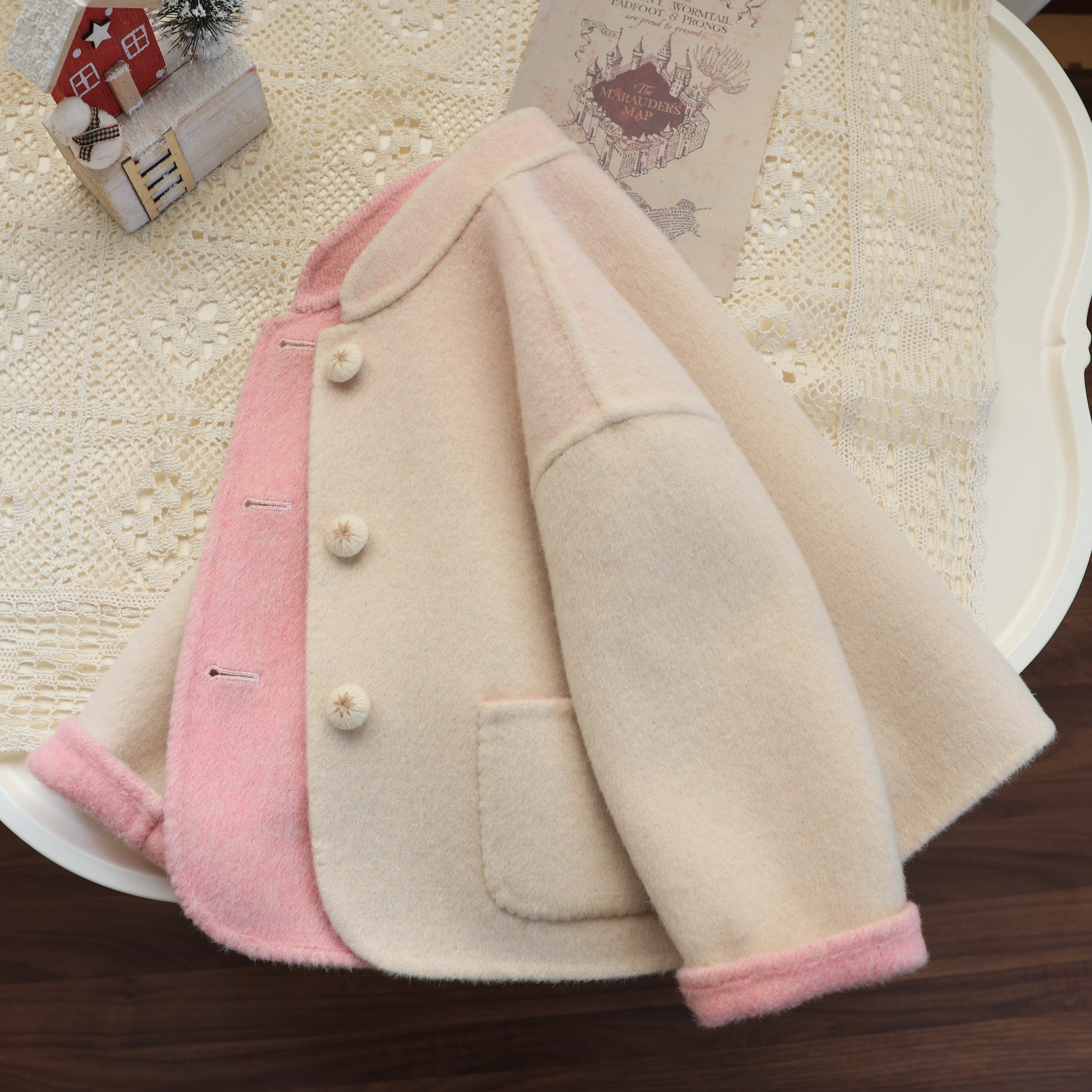 女童渐变色双面羊绒大衣短款手工羊毛呢气质小立领儿童新中式外套