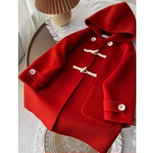 女童牛角扣大衣秋冬季 洋气加厚双面羊毛呢 儿童连帽毛呢外套22新款