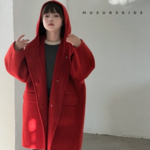 高级品质中大童双面羊毛手工大衣男童女童小个子秋冬连帽新款外套