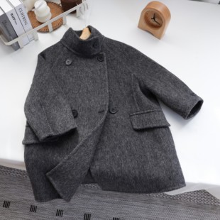 中大童双面羊绒大衣韩版宽松立领中古风男童女童羊毛呢外套秋冬款