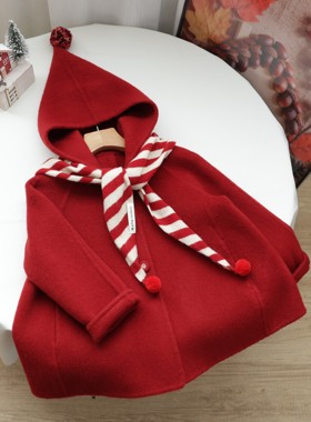 红色小精灵可爱儿童双面羊毛大衣宽松A字版型原创秋冬季女童外套