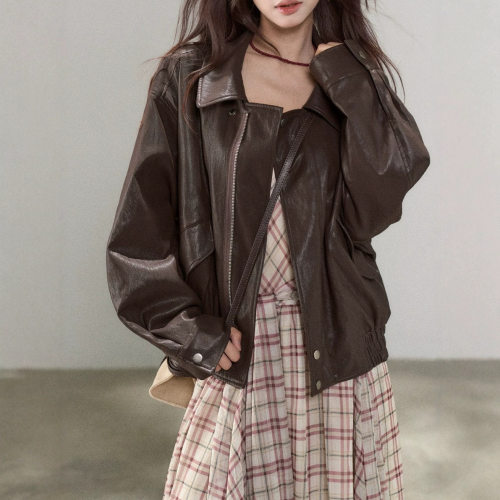 美式棕色高级感皮衣外套女2026秋季新款设计感短款夹克