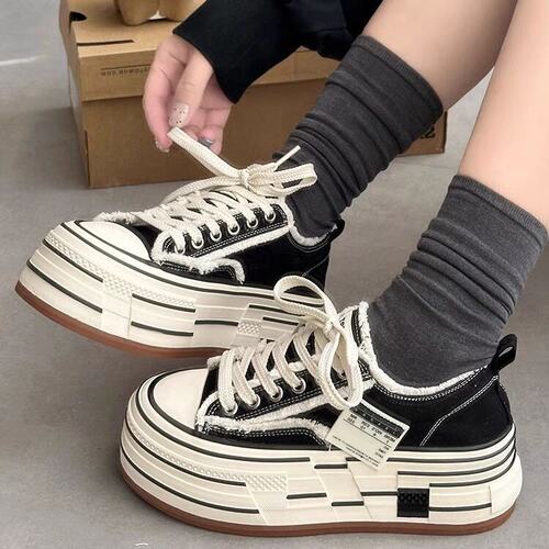 女款拼色厚底松糕帆布鞋