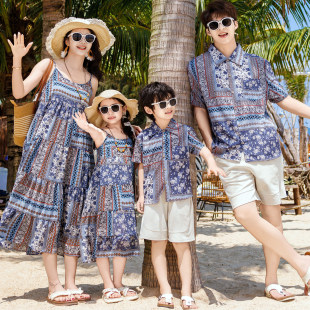 沙滩裙小个子海边度假旅游穿搭大码 吊带连衣裙民族情全家衣服套装