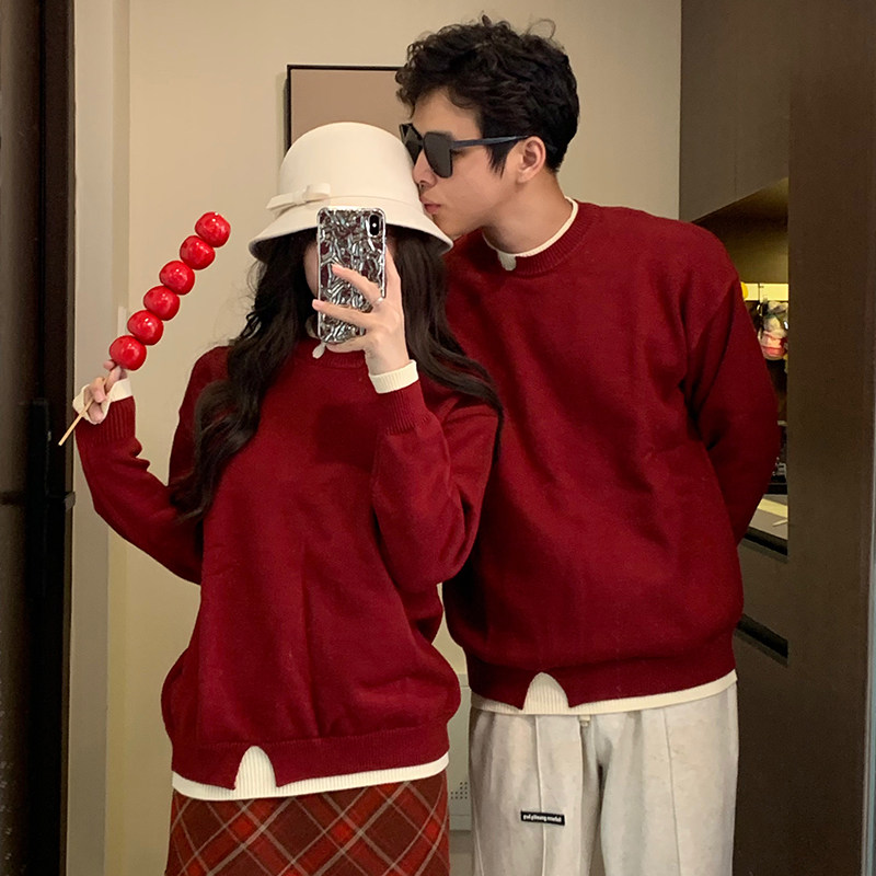 情侣装秋冬季新款假两件男女红色毛衣本命年新年订婚一裙一衣套装