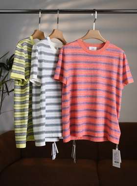 [颖颖家]匠心J系羊毛亚麻混纺CHAO亲肤透气圆领条纹撞色短袖W2085