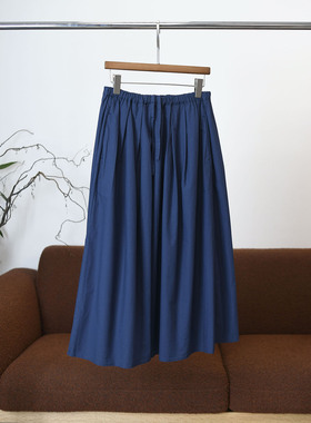 【颖颖家】夏日吸睛纸感薄棉捏褶松紧腰长半裙 文艺清爽口袋W1030