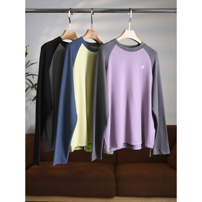 颖颖家 超亲肤 定制抗菌纤维绒面简约刺绣撞色圆领插肩袖T恤W1785