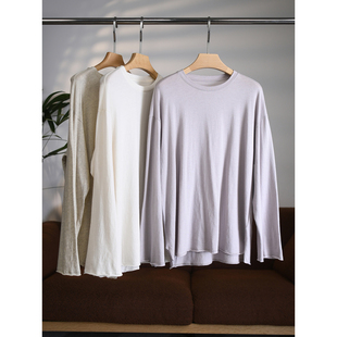 颖颖家 软糯极简阔版 开叉卷边长袖 T恤W2032 日系进口密织棉＋羊绒