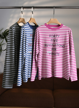 【颖颖家】R系列日单巴斯克条纹天竺印花圆领长袖方形T恤W2042