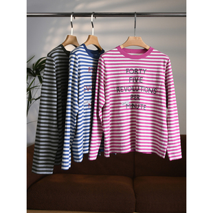 R系列日单巴斯克条纹天竺印花圆领长袖 方形T恤W2042 颖颖家