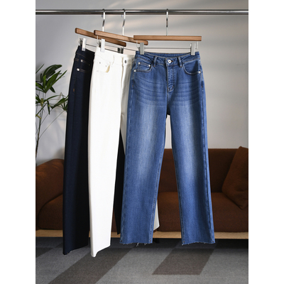 【颖颖家】磨毛九分小脚毛边烟管牛仔裤微弹显瘦弹力中高腰 W1857