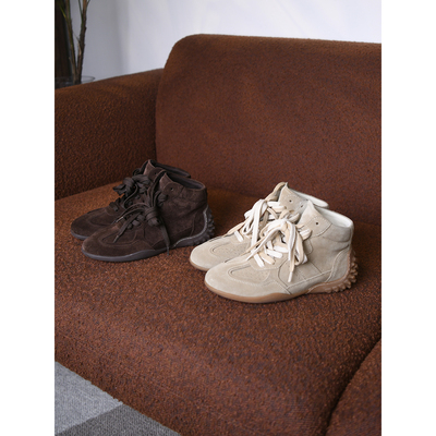 颖颖家 超好穿 复古洋气高帮牛麂皮绒系带防滑内增高德训鞋 W1842